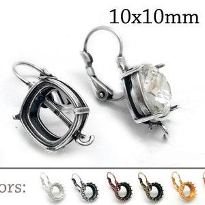 Pair Cushion Bezel Earring Setting 10x10mm - LeverBack- Swarovski 4470- JBB Findings, 1loop, Brass, Copper, Silver, Gold, Rose gold plated