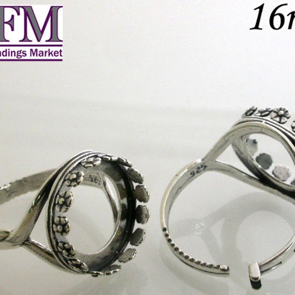 1Pc 16mm Adjustable locking Ring Sterling Silver 925 - Round Bezel Cup ring in Silver, Round Shaped - flowered style - JBB - Jewelry bases