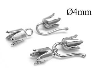 May include: Three silver-toned metal bead caps shaped like small flower buds, each featuring a curved wire loop extending from the base. The components are labeled with the text Ø4mm, indicating a diameter of 4mm for these jewelry findings.
