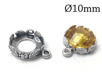 6pcs Sterling Silver 925 Round Bezel Cup 10mm with flowers and leaves - JBB findings -  Pendant Bezel Settings- Jewelry base