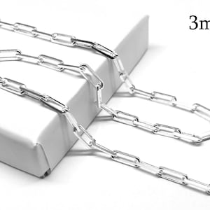 1meter Sterling silver 925 Cable Link Chain with Rectangular loops 3x8.5mm Unfinished (3.28 Feet) available in bulk (spools), 3mm chain