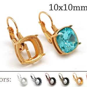 Pair Cushion Bezel Earring Setting 10x10mm - LeverBack- base for Swarovski 4470- JBB Findings, Brass, Copper, Silver, Gold, Rose gold plated