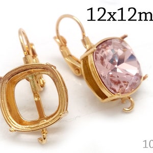 Pair Cushion Bezel Earring Setting 12x12mm - LeverBack- base for Swarovski 4470- JBB Findings, Brass, Copper, Silver, Gold, Rose gold plated