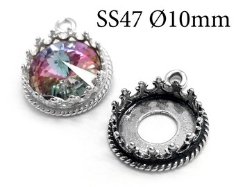 2pcs Crown Round Bezel Cup 10mm Sterling Silver 925, with 1 loop JBB Findings, Bezel settings fits Swarovski ss47 1122 - Rope Jewelry base