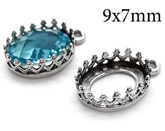 6pcs Sterling Silver 925 Oval Crown Bezel Pendant Cup 9x7mm - 1 loop - bracelet Jewelry Base JBB Finding - QFMarket Shiny - Antique Silver