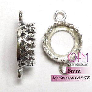 10pcs Round Bezel Cup Sterling Silver 925 8mm with 2 loops Shiny or Antique Silver Fits Swarovski ss39, Jewelry base, Bezel cabochon setting image 2