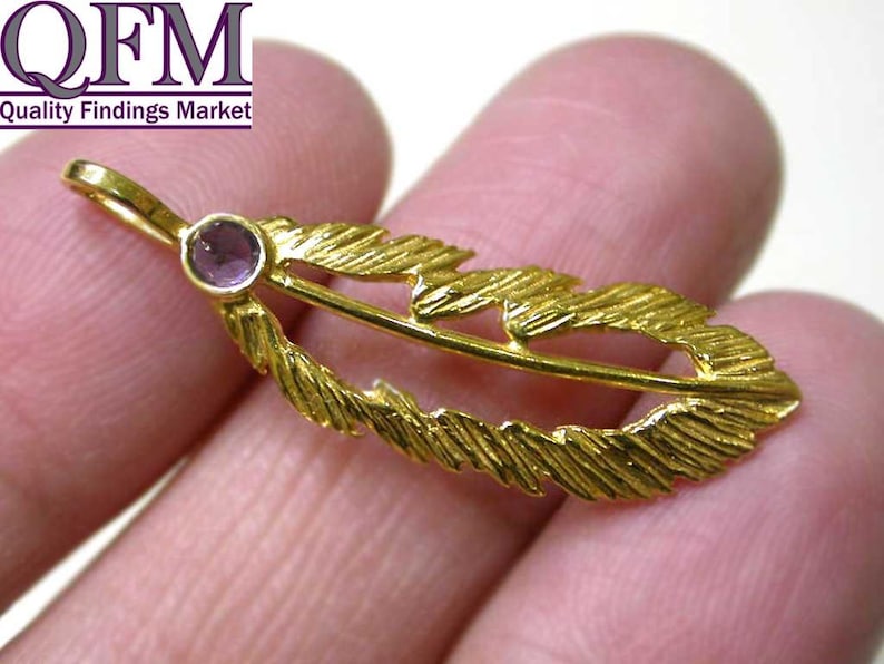 with place for setting stone 2.5mm - Heavy Coated Brass by 24K Gold size 34x11mm 2 pcs Feather Pendant in Brass Gold Plated 24K