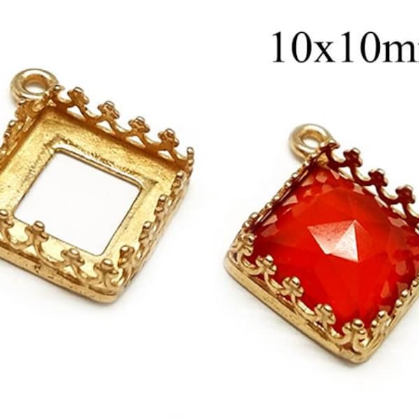 6pcs Brass Square Crown Bezel settings 10x10mm with 1 loop - Antique / Shiny Brass, Copper, Silver, Gold plated - Bezel Cup for cabochon