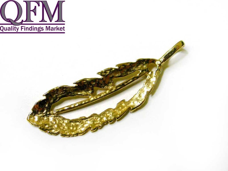 with place for setting stone 2.5mm - Heavy Coated Brass by 24K Gold size 34x11mm 2 pcs Feather Pendant in Brass Gold Plated 24K