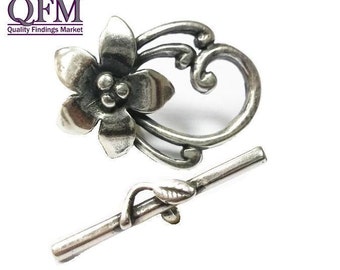 2 sets Toggle Clasps in Brass Big flower, finish Antique Silver Plated, Size: 18.6 Bar 19.6 mm Flowered ring - Toggle Clasp