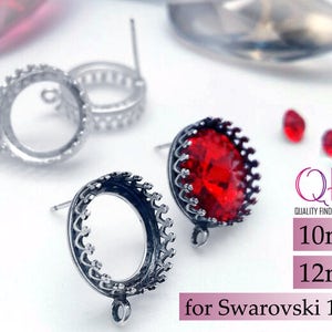 4 st örhängen i sterlingsilver 925 med kronbezel och ögla. Blanka och antiksilverrunda 10 mm, 12 mm (2 par) - Passar Swarovski 1122