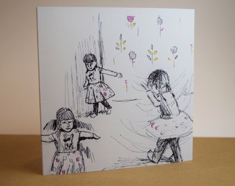 May include: A black and white illustration of three girls wearing dresses with pink and white polka dots. The girls are standing in a room with a white wall and a floral pattern on the wall.
