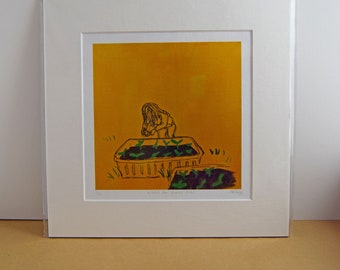 May include: A black and white line drawing of a person tending to a garden bed filled with green plants. The background is a bright yellow color. The image is titled "Garden Time" and dated 2023.