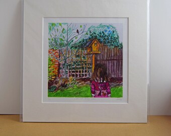 May include: A colorful illustration of a girl standing in a garden, looking at a birdhouse on a wooden post. The birdhouse is painted yellow with a red roof. There is a small bird perched on a branch of a tree in the background.