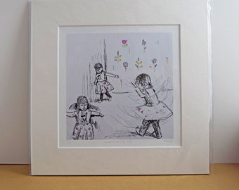May include: A black and white illustration of three girls in dresses playing in a field of flowers. The girls are drawn in a simple style with black outlines and some pink and yellow details. The text "Round from the Day" is at the bottom of the image.