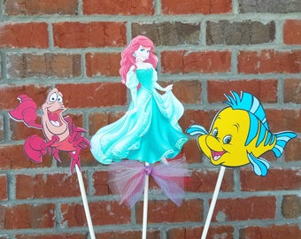 Set of 3 Disney Princess Ariel Themed Centerpiece Picks or Cake Toppers - The Little Mermaid