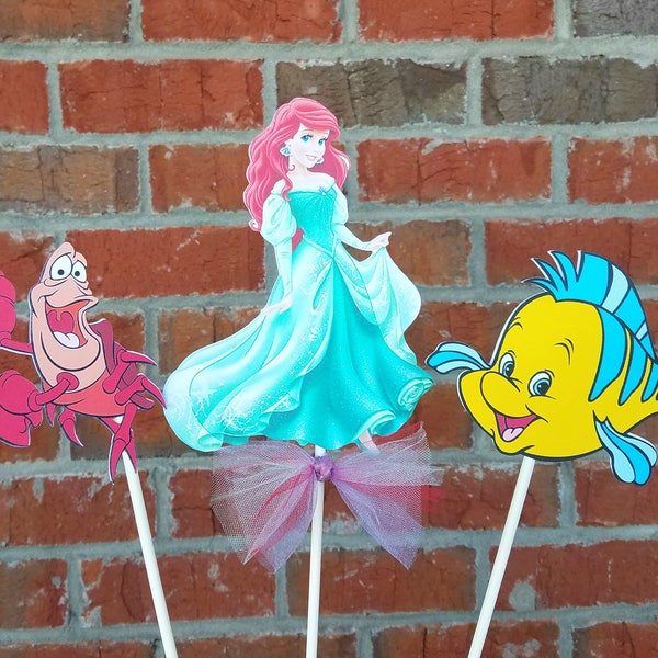 Set of 3 Disney Princess Ariel Themed Centerpiece Picks or Cake Toppers - The Little Mermaid