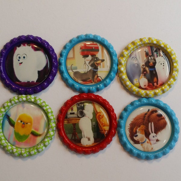 Set of 6 Secret Life of Pets themed Finished Bottle Caps - Magnets - Necklaces