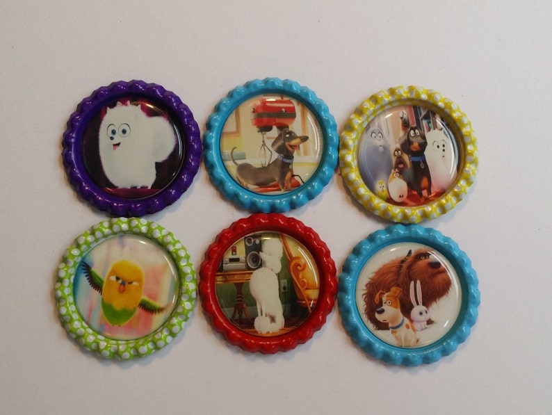 Set of 6 Secret Life of Pets themed Finished Bottle Caps Magnets Necklaces image 1