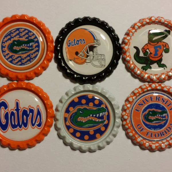 Set of 6 Florida Gators themed Finished Bottle Caps - Magnets - Necklaces - University of Florida