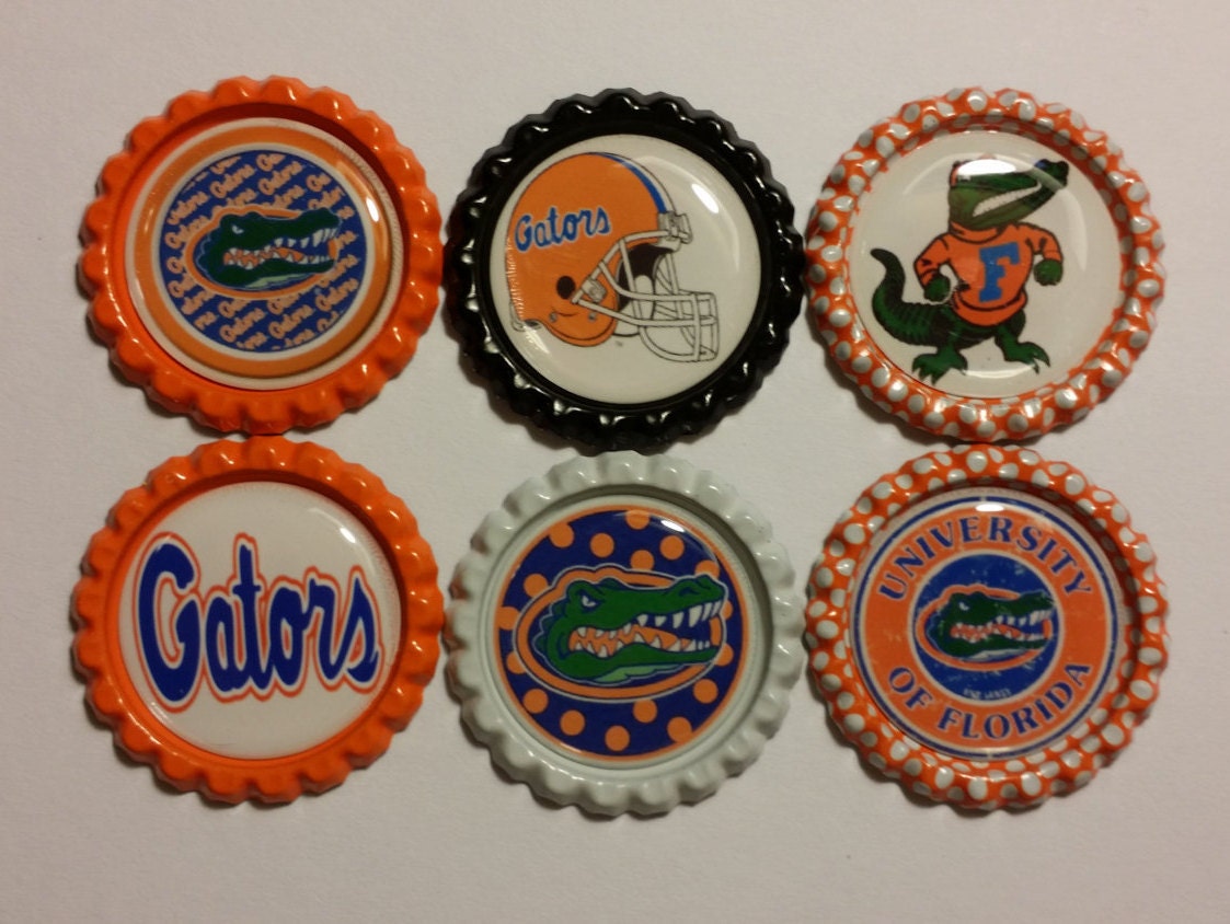 Set of 6 Florida Gators themed Finished Bottle Caps - Magnets - Necklaces - University of Florida