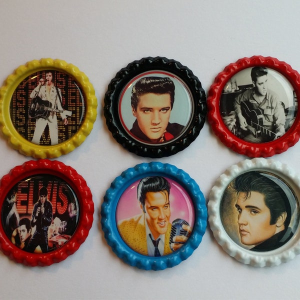 Set of 6 Elvis themed Finished Bottle Caps - Magnet Set - Necklace Set - Keychain Set