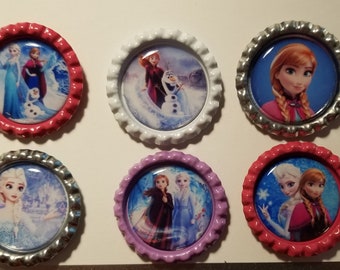 Set of 6 Disney Frozen Themed Bottle Caps - Magnets - Keychains - Necklaces