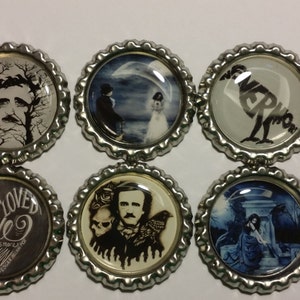 Set of 6 Edgar Allan Poe themed Finished Bottle Caps - Magnets - Necklaces