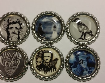 Set of 6 Edgar Allan Poe themed Finished Bottle Caps - Magnets - Necklaces