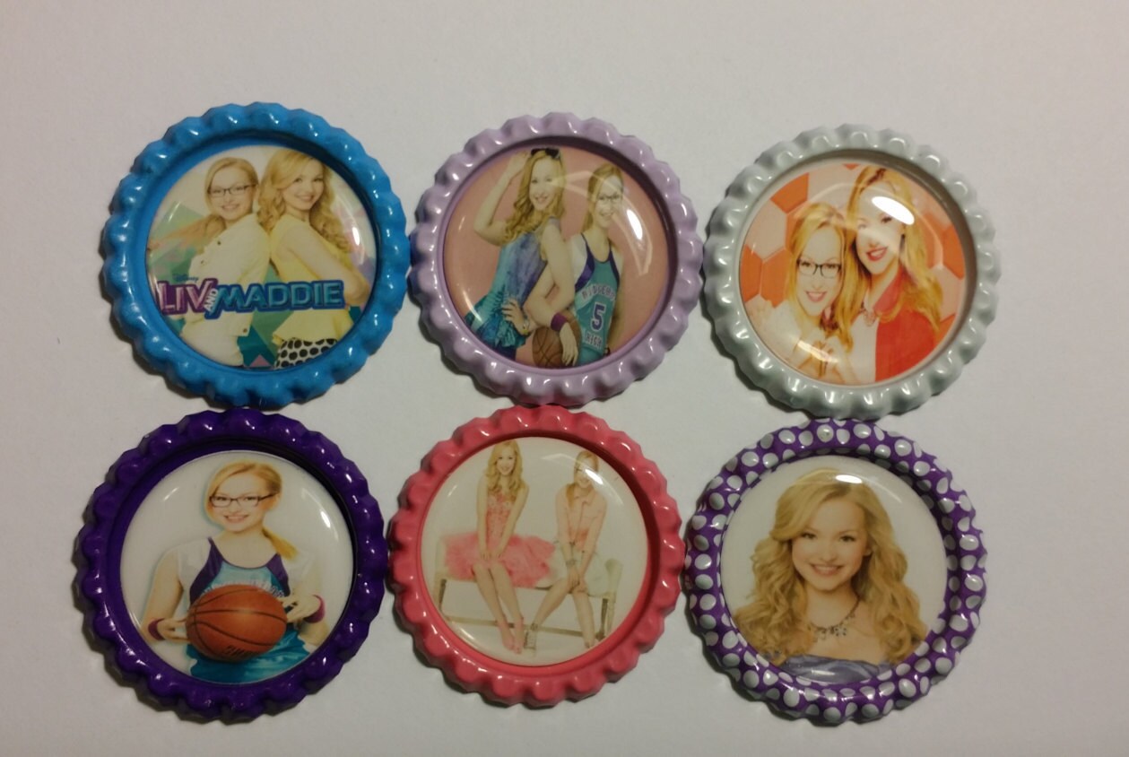 Set of 6 Liv and Maddie themed Finished Bottle Caps Magnets Necklaces