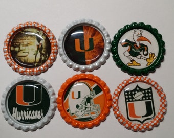 Set of 6 Miami Hurricanes themed Finished Bottle Caps - Magnets - Necklaces