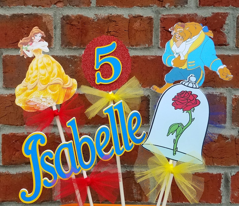 Set of 6 Disney Beauty and the Beast Themed Centerpiece Set of Cake Topper Set Princess Belle image 1