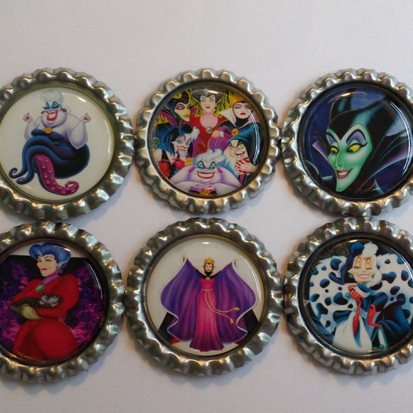 Set of 6 Disney Female Villain themed Finished Bottle Caps - Magnets - Necklaces