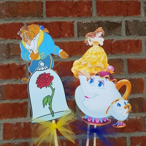 Set of 4 Disney Beauty and the Beast Themed Centerpiece Picks or Cake Topper Set