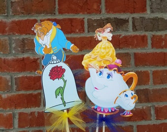 Set of 4 Disney Beauty and the Beast Themed Centerpiece Picks or Cake Topper Set