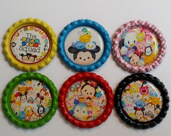 Set of 6 Disney Tsum Tsum themed Finished Bottle Caps - Magnet Set - Necklace Set