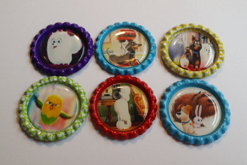 Set of 6 Secret Life of Pets themed Finished Bottle Caps Magnets Necklaces image 2