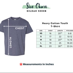 May include: Size chart for Gildan 5000B Heavy Cotton Youth T-Shirt. The chart shows sizes XS through XL with corresponding chest and length measurements in inches, as well as the age range each size fits.
