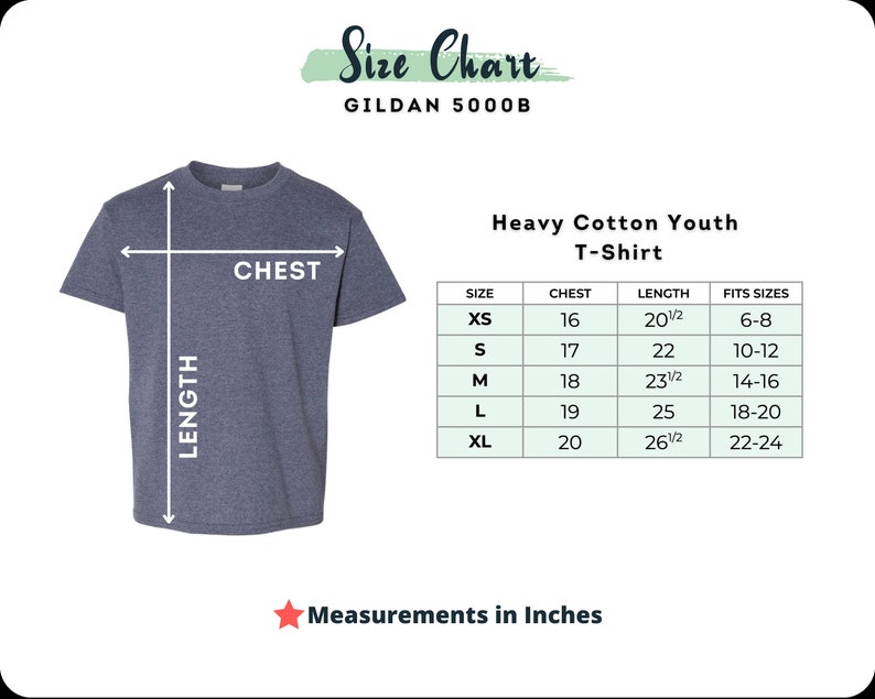 May include: Size chart for Gildan 5000B Heavy Cotton Youth T-Shirt. The chart shows sizes XS through XL with corresponding chest and length measurements in inches, as well as the age range each size fits.