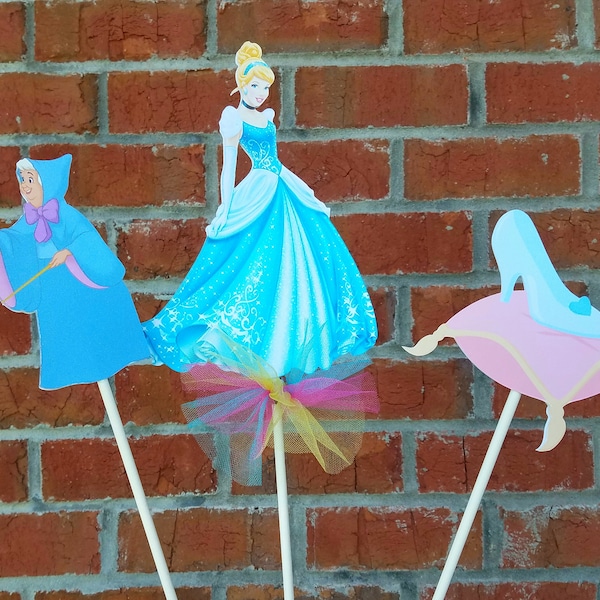 Set of 3 Disney Princess Cinderella Themed Centerpiece Picks or Cake Toppers