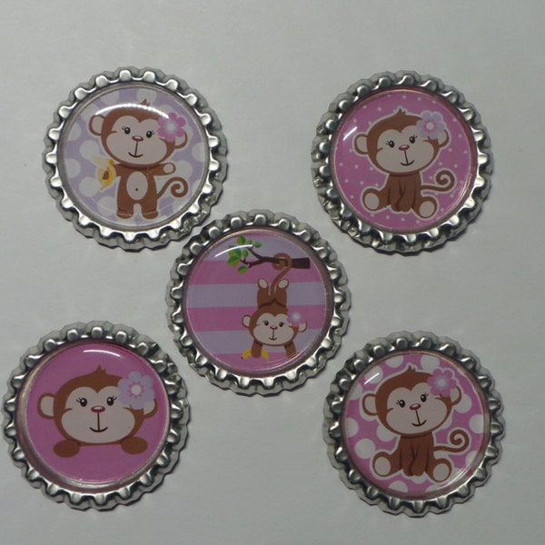 Set of 5 Cute Purple Monkey Dots and Stripes Finished Bottle Caps Hair Bows Jewelry Scrap Booking