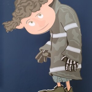 May include: A cartoon character with brown curly hair, wearing a gray and white striped jacket, stands on a wooden base. The character has a large head and small body, with a mischievous expression.