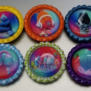 Set of 10 Trolls Finished Bottle Caps, Magnets, or Necklaces