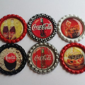 Set of 6 Coca Cola themed Finished Bottle Caps - Magnets - Necklaces