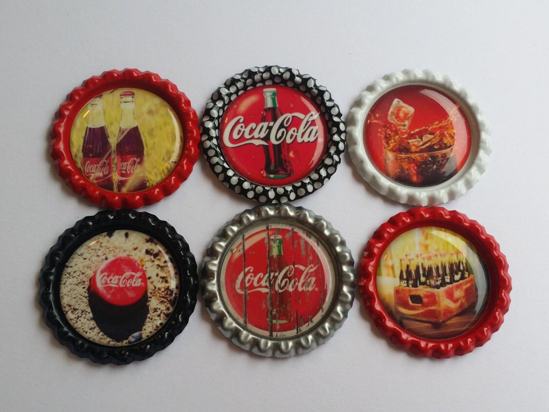 Set of 6 Coca Cola themed Finished Bottle Caps - Magnets - Necklaces