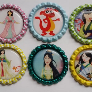 Set of 6 Disney Princess Mulan Finished Bottle Caps - Magnets - Necklaces