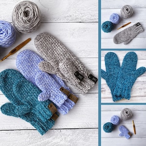May include: Three pairs of crocheted mittens in different colors: teal, light blue, and gray. Each pair has a leather tag with the word "Sage" on it.