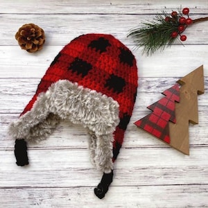 Plaid Crochet Aviator Hat Pattern, Baby Aviator Hat, Faux Fur Baby Hat, Fur Lined Baby Hat, Baby Hat Pattern, Baby Crochet Gift
