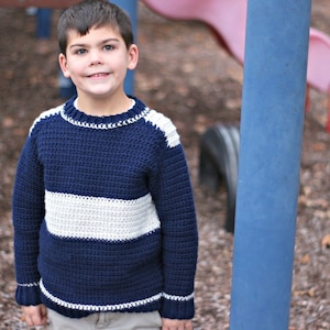 Varsity Sweater Crochet Pattern, Boys Crochet Sweater, Easy Crochet Sweater, Boys Crochet Jumper, Top Down Sweater, Kids Crochet Sweater