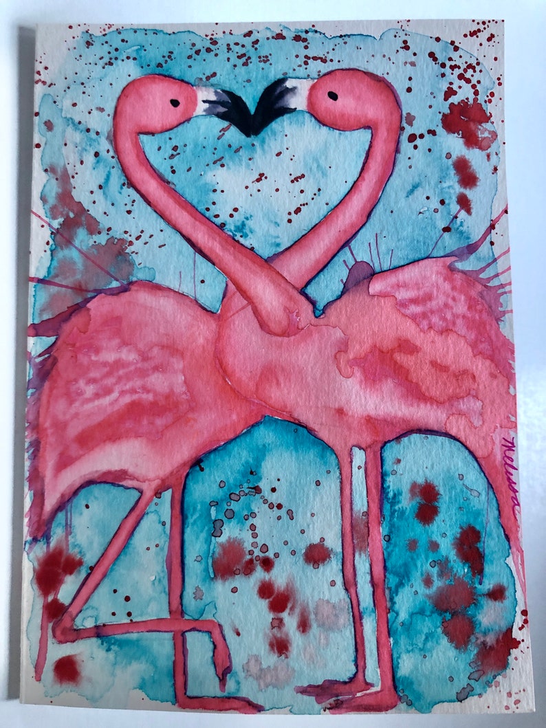 ORIGINAL Watercolor 5x7 Hand Painted Greeting Card Valentine/'s Day Card Anniversary Card Handmade Blank Cards Flamingos In Love